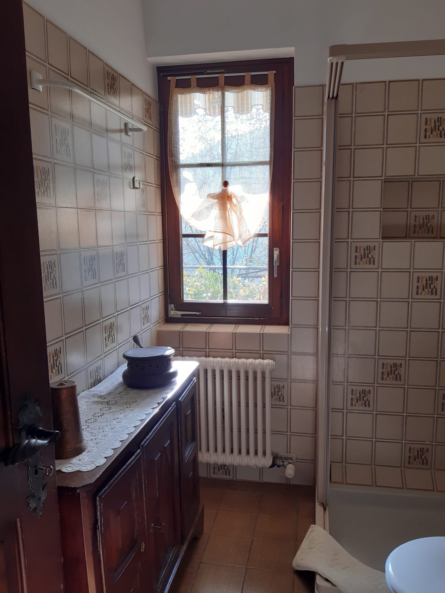 Bagno luminoso della Casa Natura con doccia e finestra vista natura a Cabbio