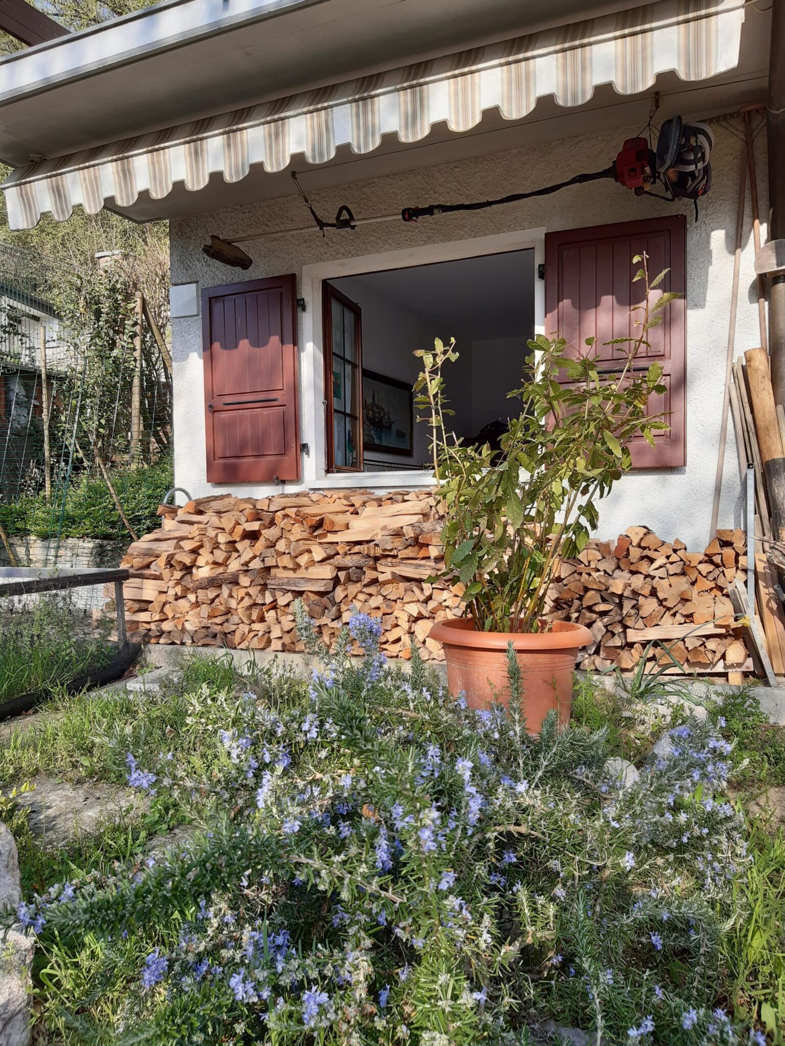 Fenster der Casa Natura mit Holzläden, Blumen und traditionellem Garten in Cabbio